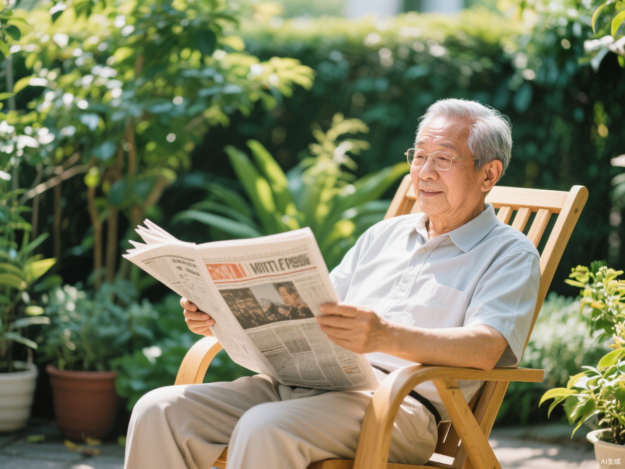 老人在公寓院内悠闲读报