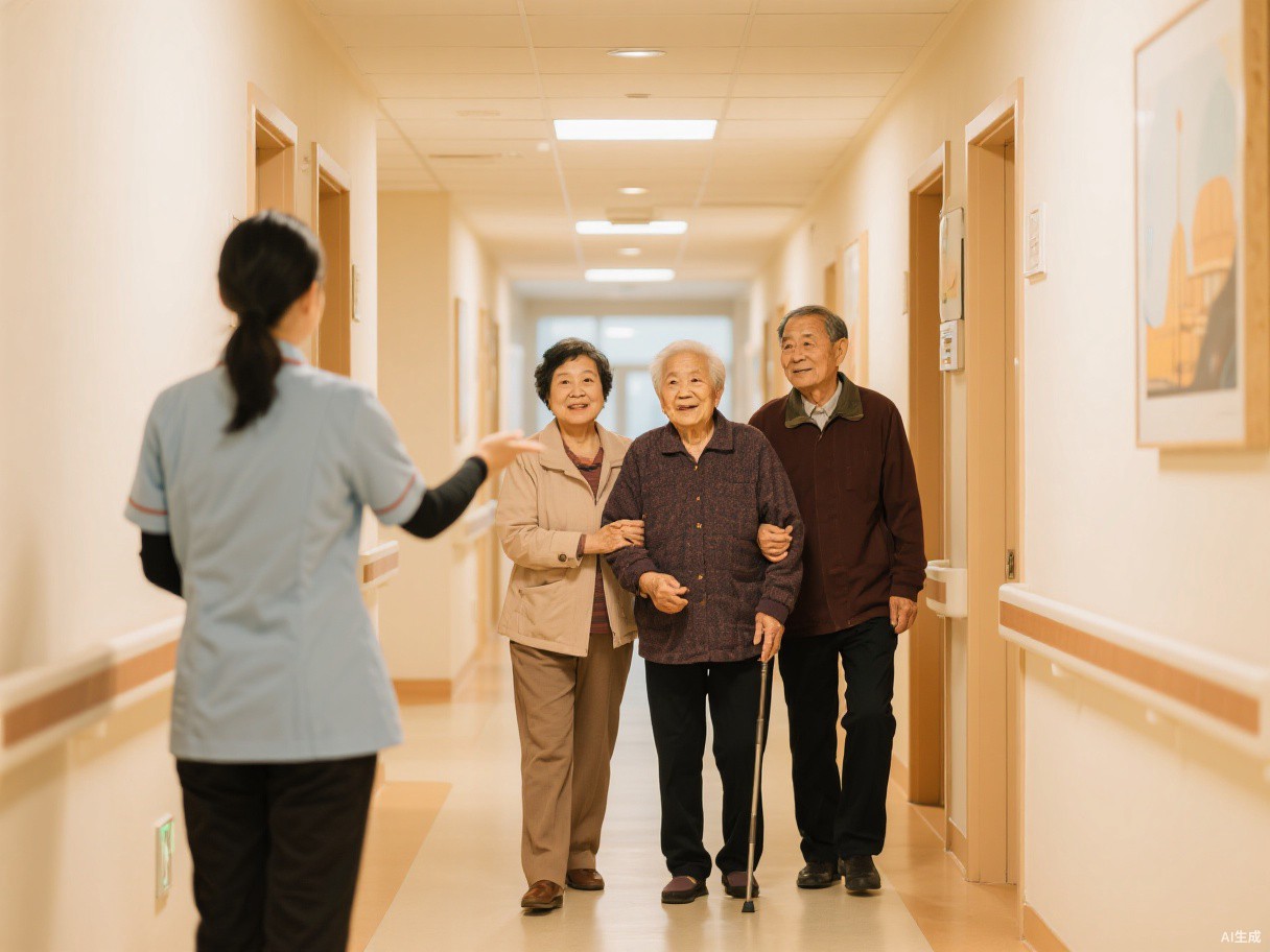 家属陪同老人参观养老院